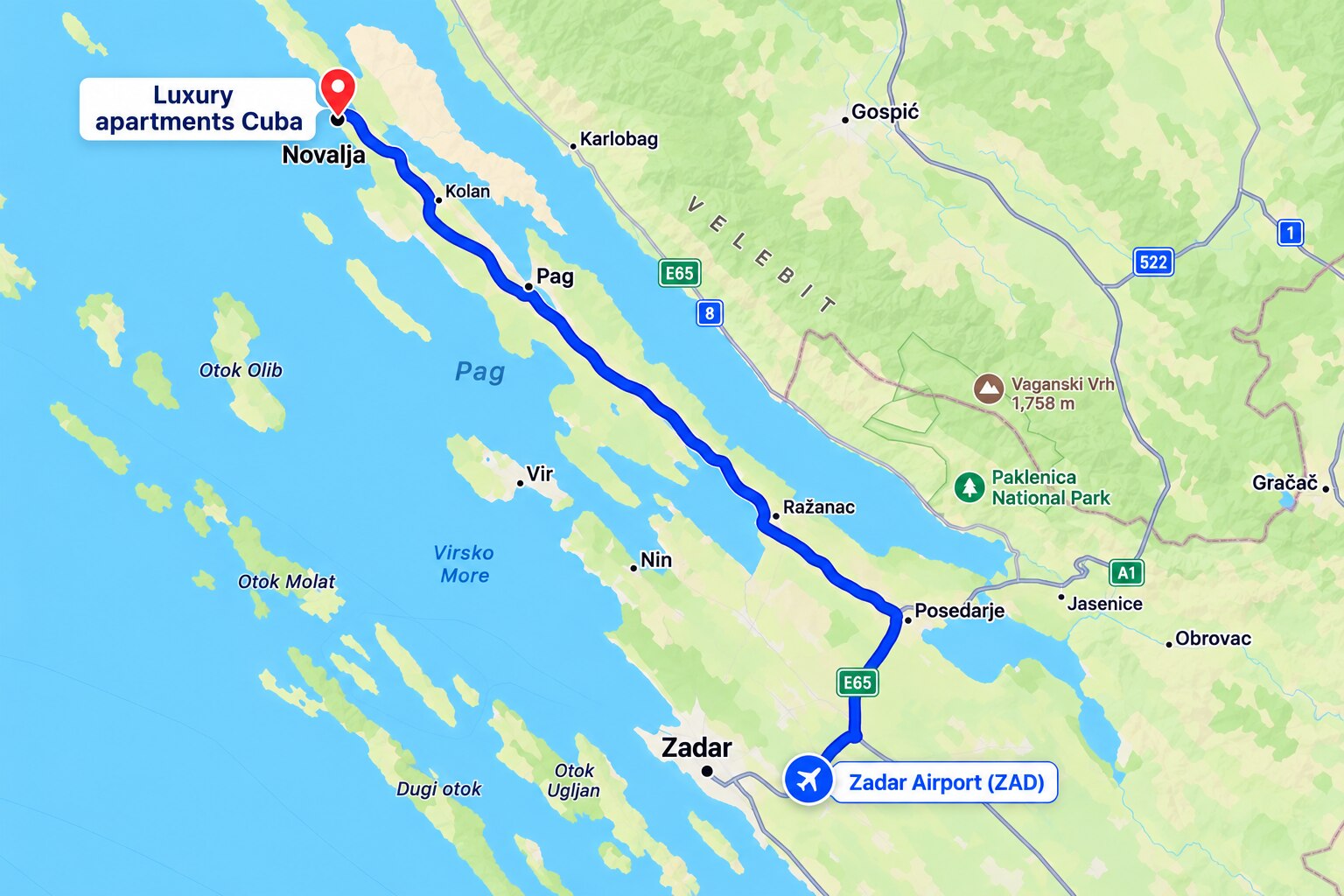 Driving route from Zadar Airport to Luxury Apartments Cuba Novalja